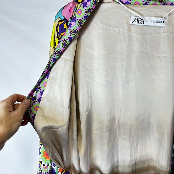 Zara Satin Effect Colorful Boho Floral Belted LS Kimono Duster Robe Size S - Picture 7 of 16